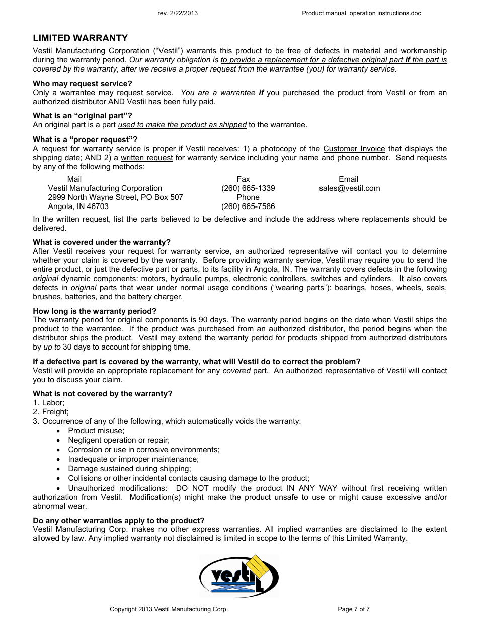 Limited warranty | Vestil Lifter-2 User Manual | Page 7 / 7