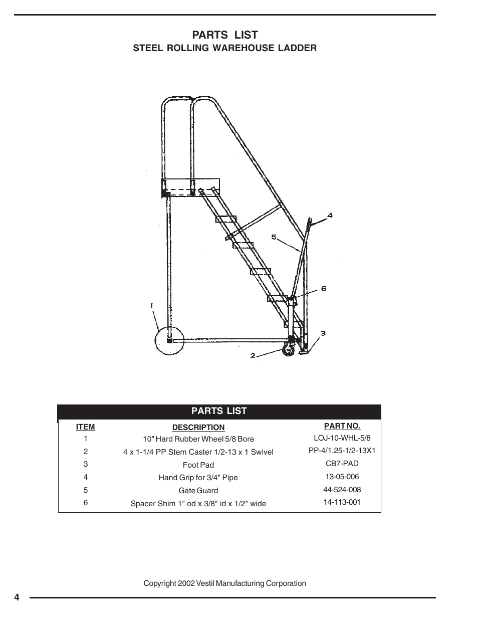 Parts list | Vestil LAD Series User Manual | Page 4 / 4