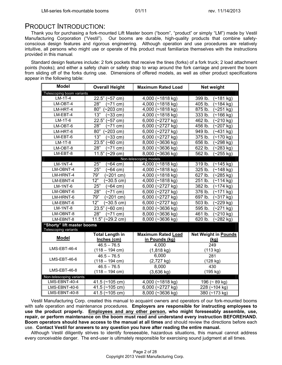 Roduct, Ntroduction | Vestil LM-Boom User Manual | Page 2 / 28