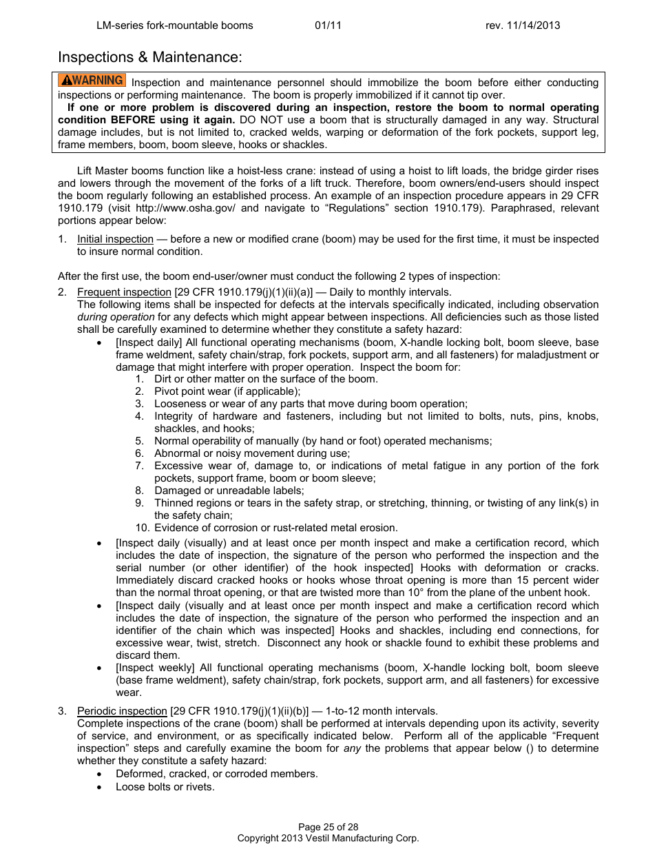 Inspections & maintenance | Vestil LM-Boom User Manual | Page 25 / 28