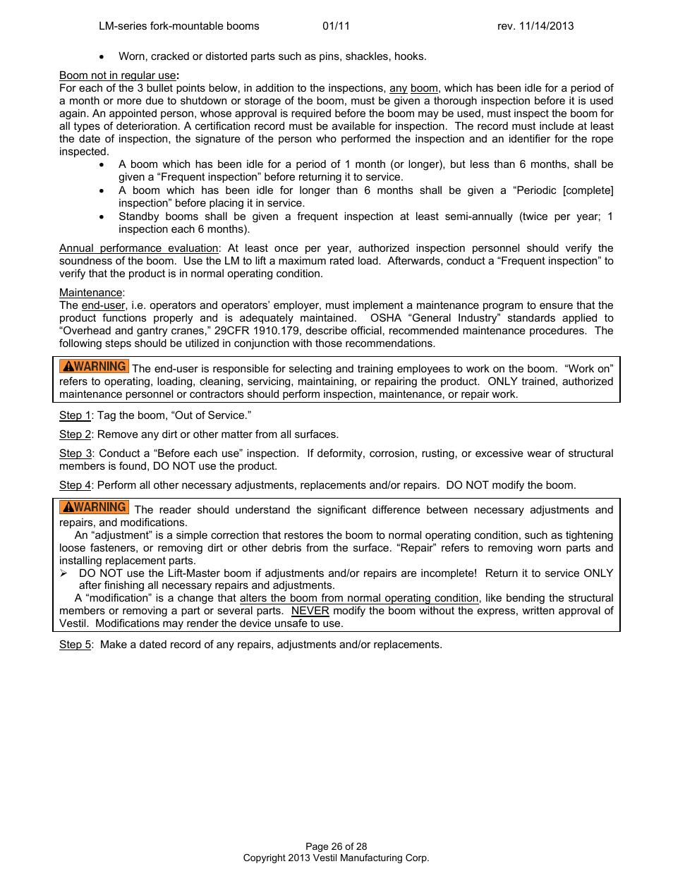 Vestil LM-Boom User Manual | Page 26 / 28