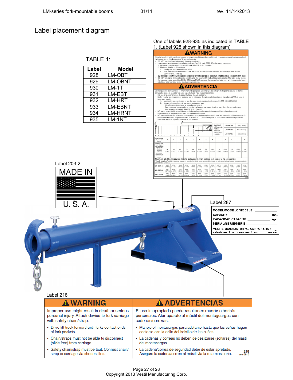 Label placement diagram | Vestil LM-Boom User Manual | Page 27 / 28