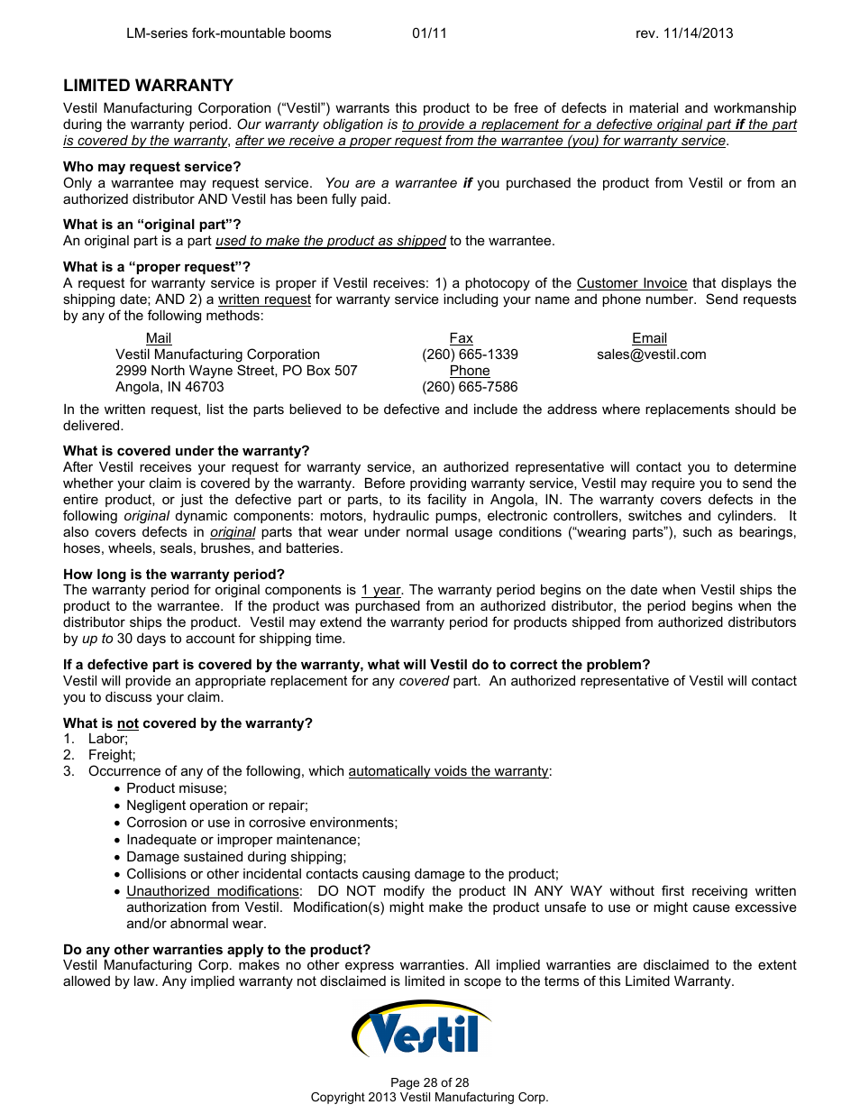 Limited warranty | Vestil LM-Boom User Manual | Page 28 / 28