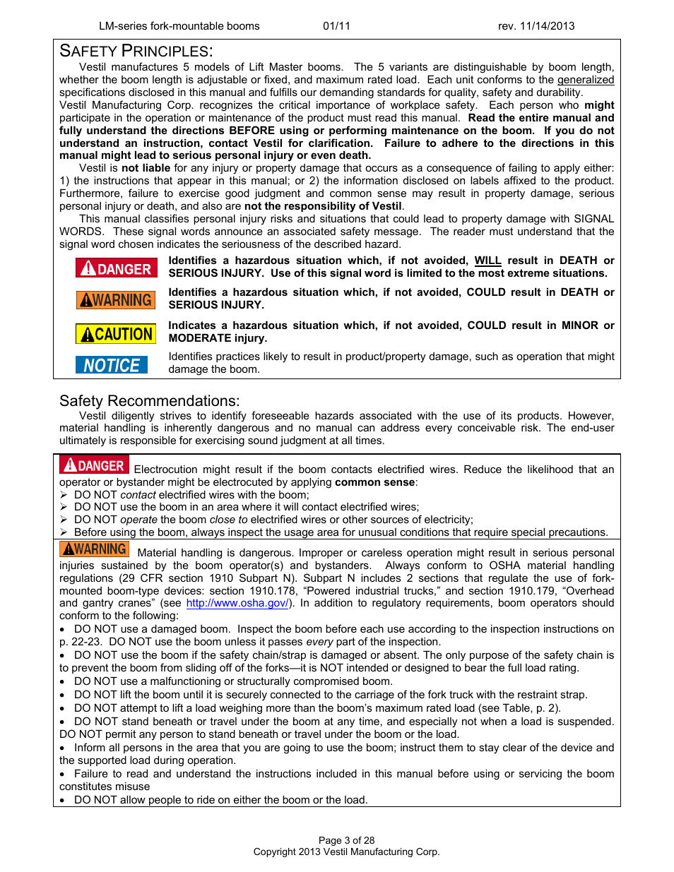 Safety recommendations, Afety, Rinciples | Vestil LM-Boom User Manual | Page 3 / 28