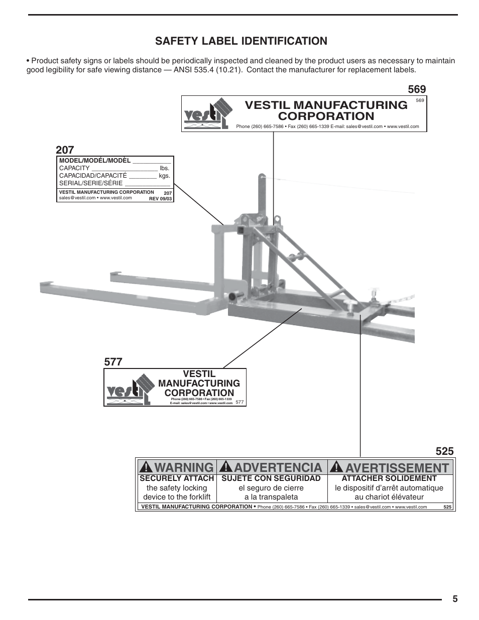 Warning advertencia avertissement, Safety label identification, Vestil manufacturing corporation | Vestil PAL-DR User Manual | Page 5 / 6