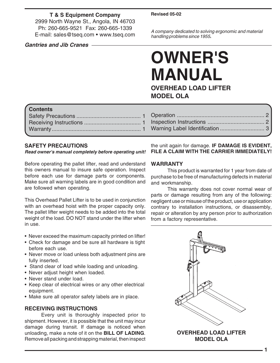 Vestil OLA series User Manual | 4 pages