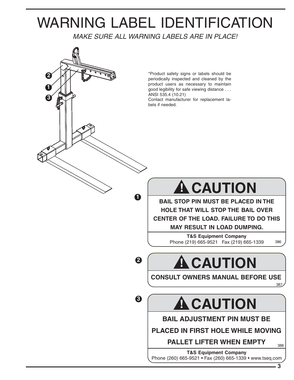 Warning label identification, Caution | Vestil OLA series User Manual | Page 3 / 4