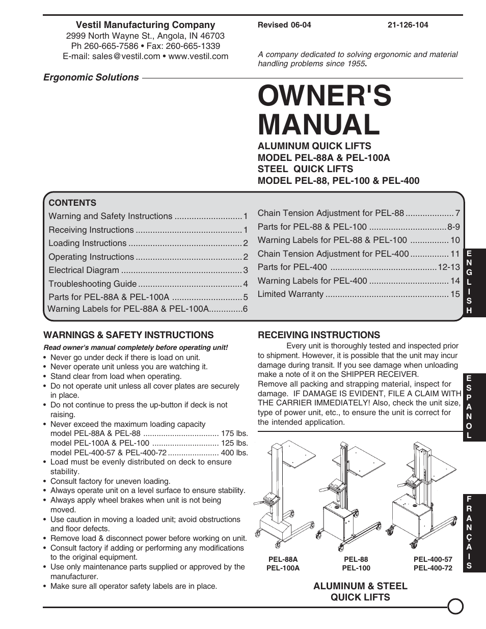 Vestil PEL-A series User Manual | 15 pages