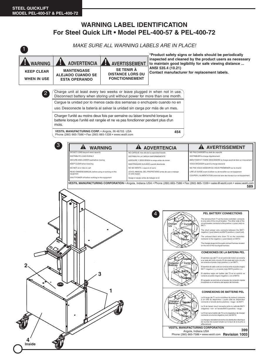 Make sure all warning labels are in place, Advertencia warning avertissement, Warning ! advertencia ! avertissement | Vestil PEL-A series User Manual | Page 14 / 15