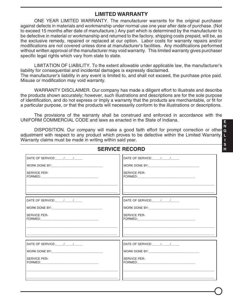 Limited warranty, Service record | Vestil PEL-A series User Manual | Page 15 / 15