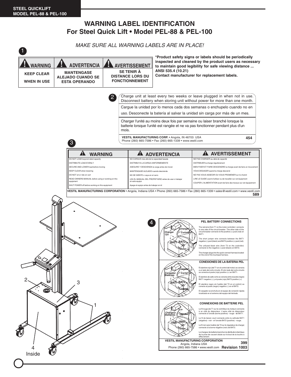 Make sure all warning labels are in place, 21 3 4 inside, Advertencia warning avertissement | Warning ! advertencia ! avertissement | Vestil PEL User Manual | Page 10 / 15