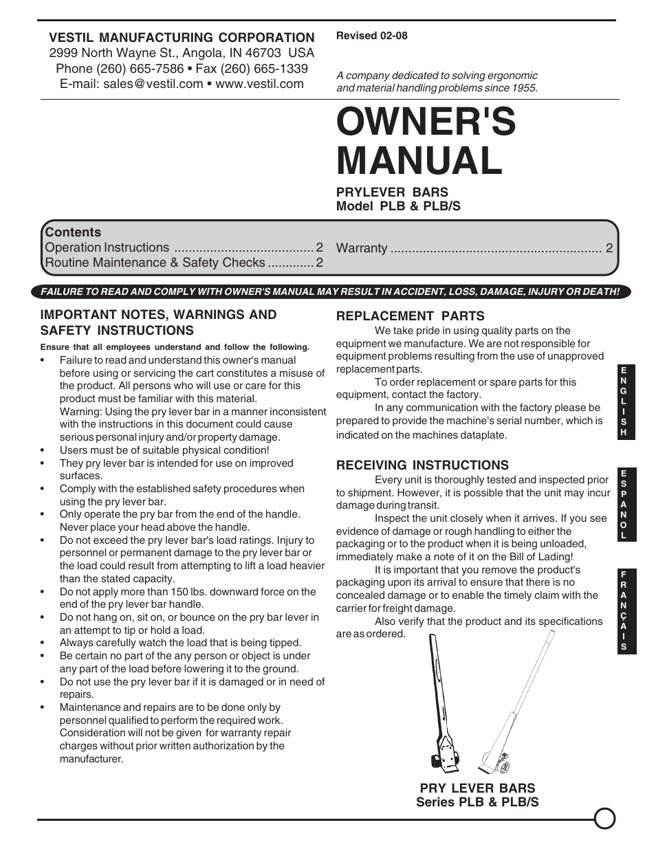 Vestil PLB User Manual | 8 pages