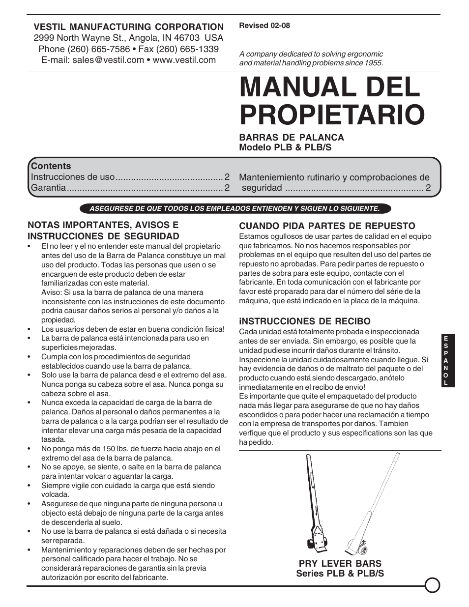 Manual del propietario | Vestil PLB User Manual | Page 3 / 8