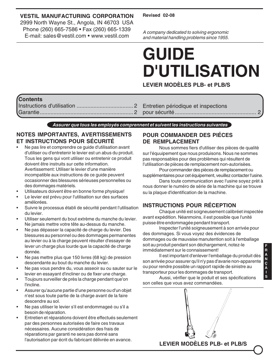 Guide d'utilisation | Vestil PLB User Manual | Page 5 / 8