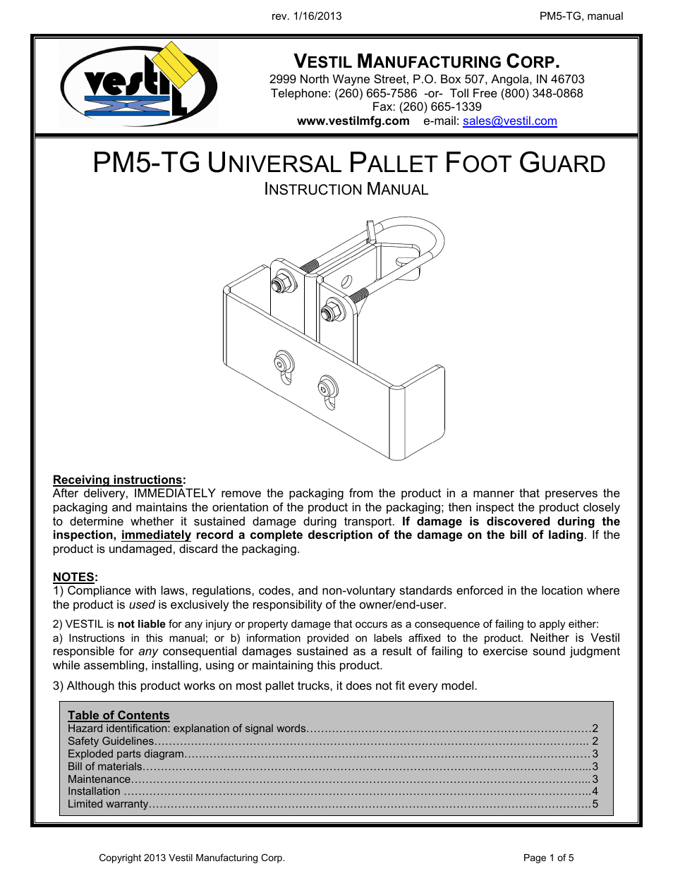 Vestil PM5-TG Foot Guard User Manual | 5 pages