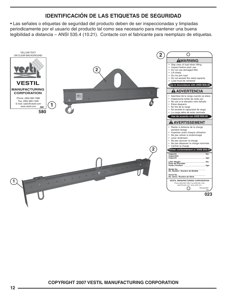 Identificación de las etiquetas de seguridad, Vestil | Vestil SBM series User Manual | Page 12 / 12