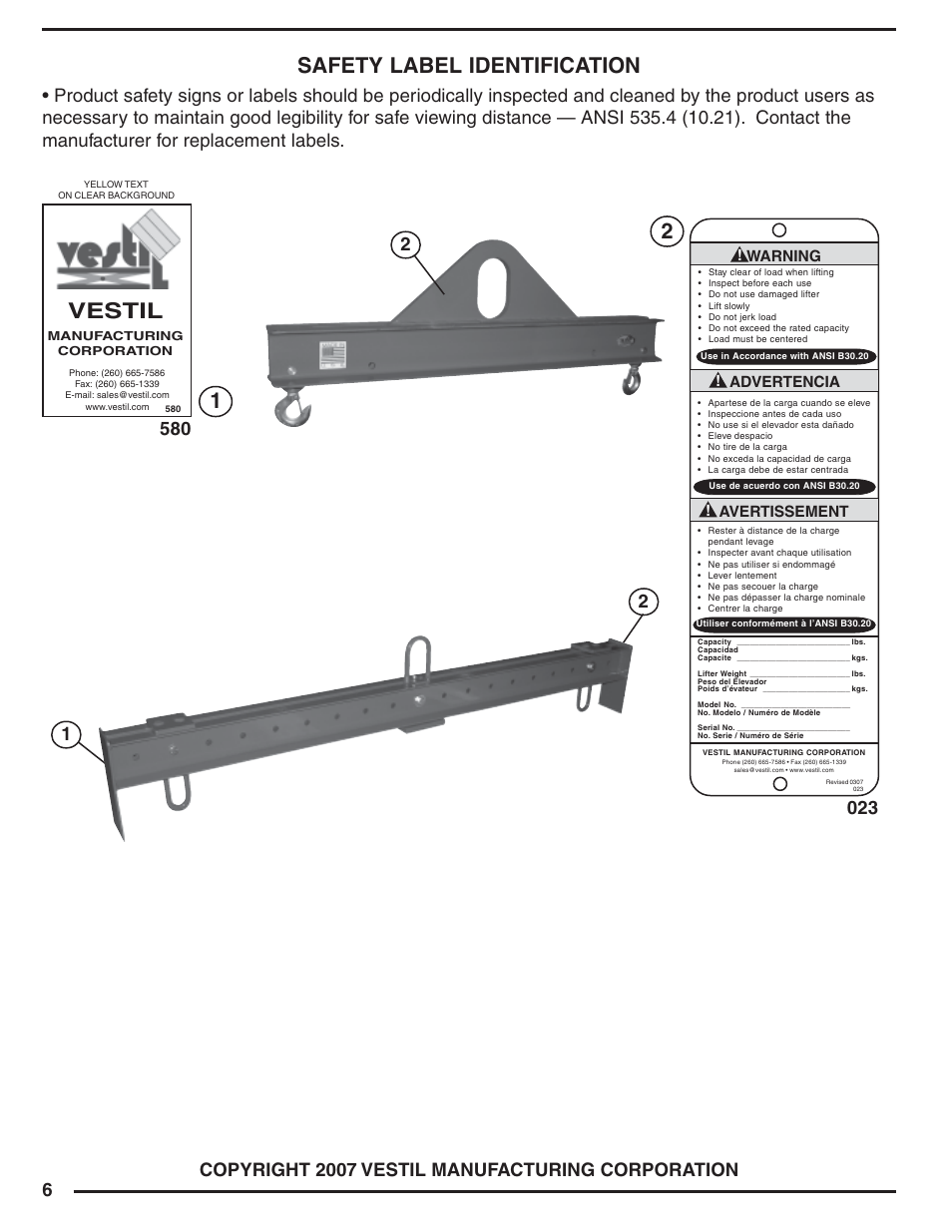 Safety label identification, Vestil | Vestil SBM series User Manual | Page 6 / 12