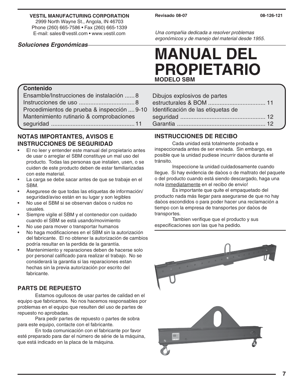 Manual del propietario | Vestil SBM series User Manual | Page 7 / 12
