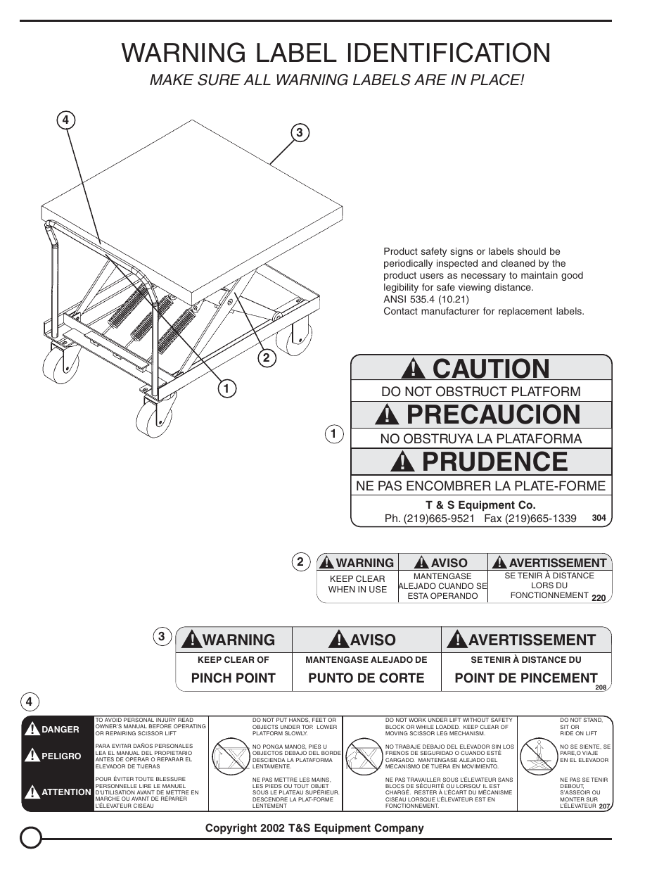 Warning label identification, Caution, Precaucion | Prudence, Make sure all warning labels are in place, Avertissement ! warning ! aviso | Vestil SCSC series User Manual | Page 4 / 4