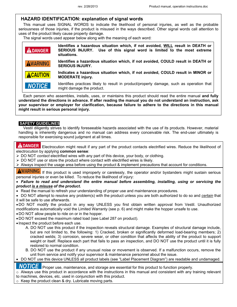 Hazard identification: explanation of signal words | Vestil SLPT Series User Manual | Page 2 / 6