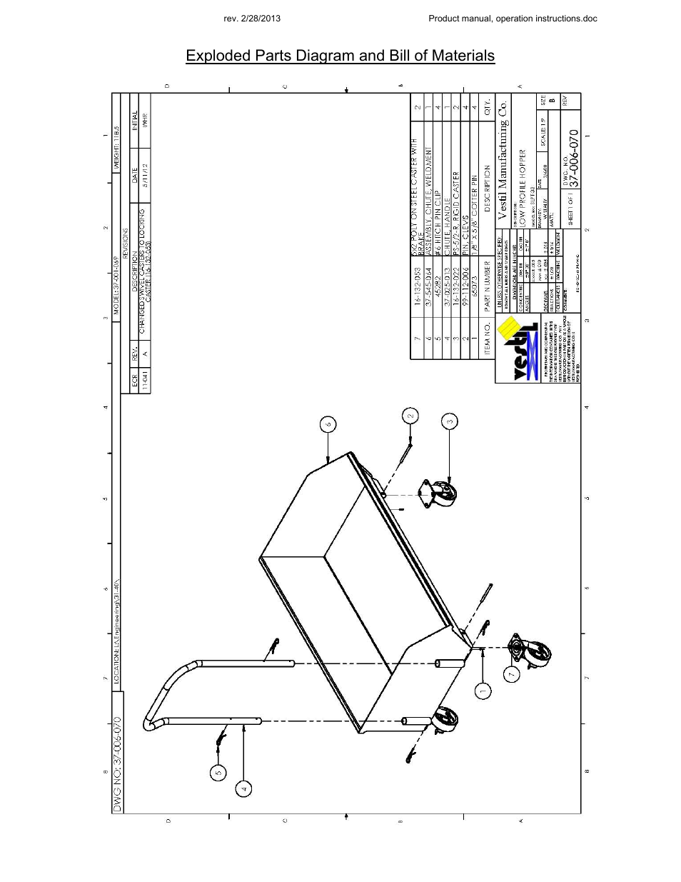 Exploded parts diagram and bill of materials | Vestil SLPT Series User Manual | Page 4 / 6
