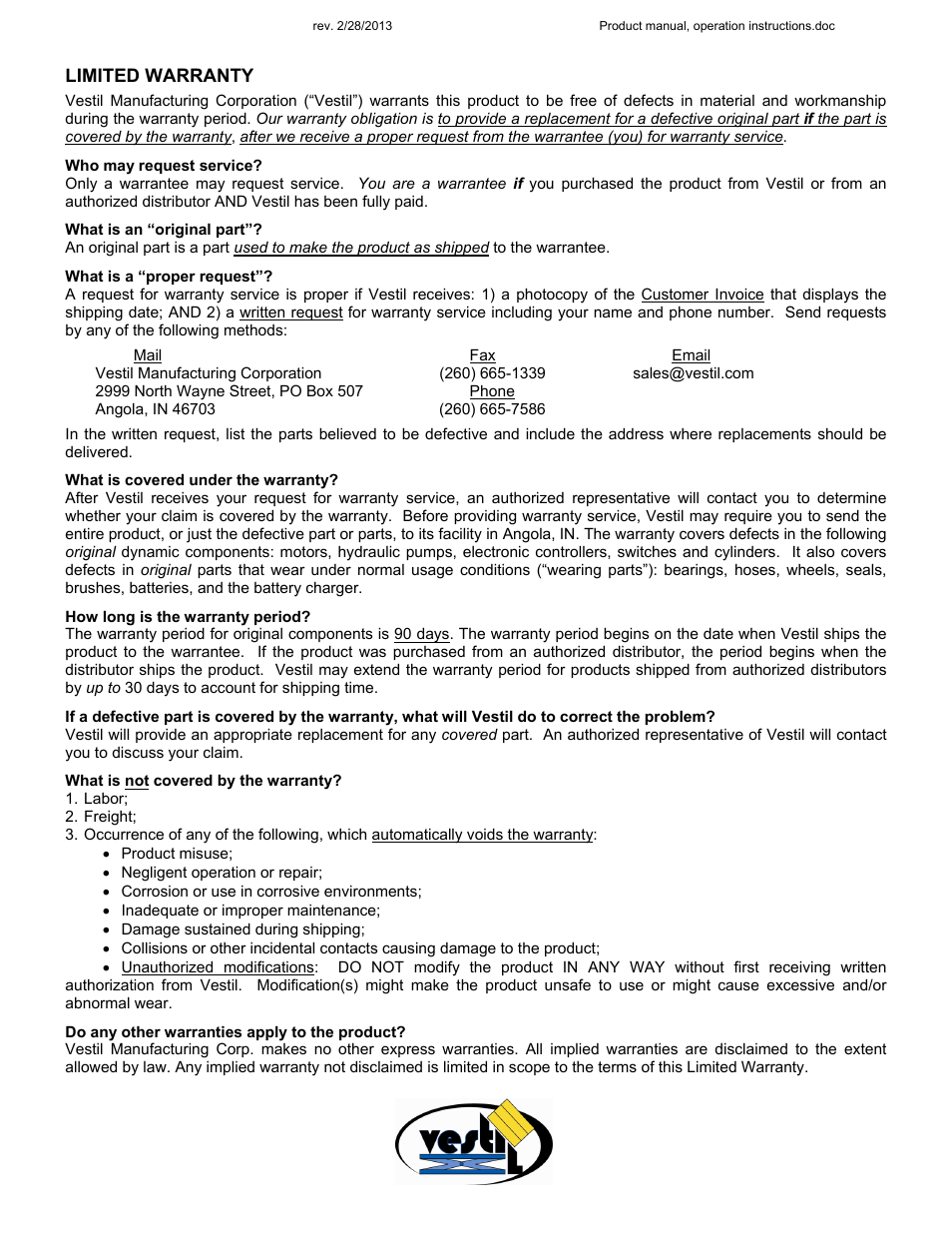 Limited warranty | Vestil SLPT Series User Manual | Page 6 / 6