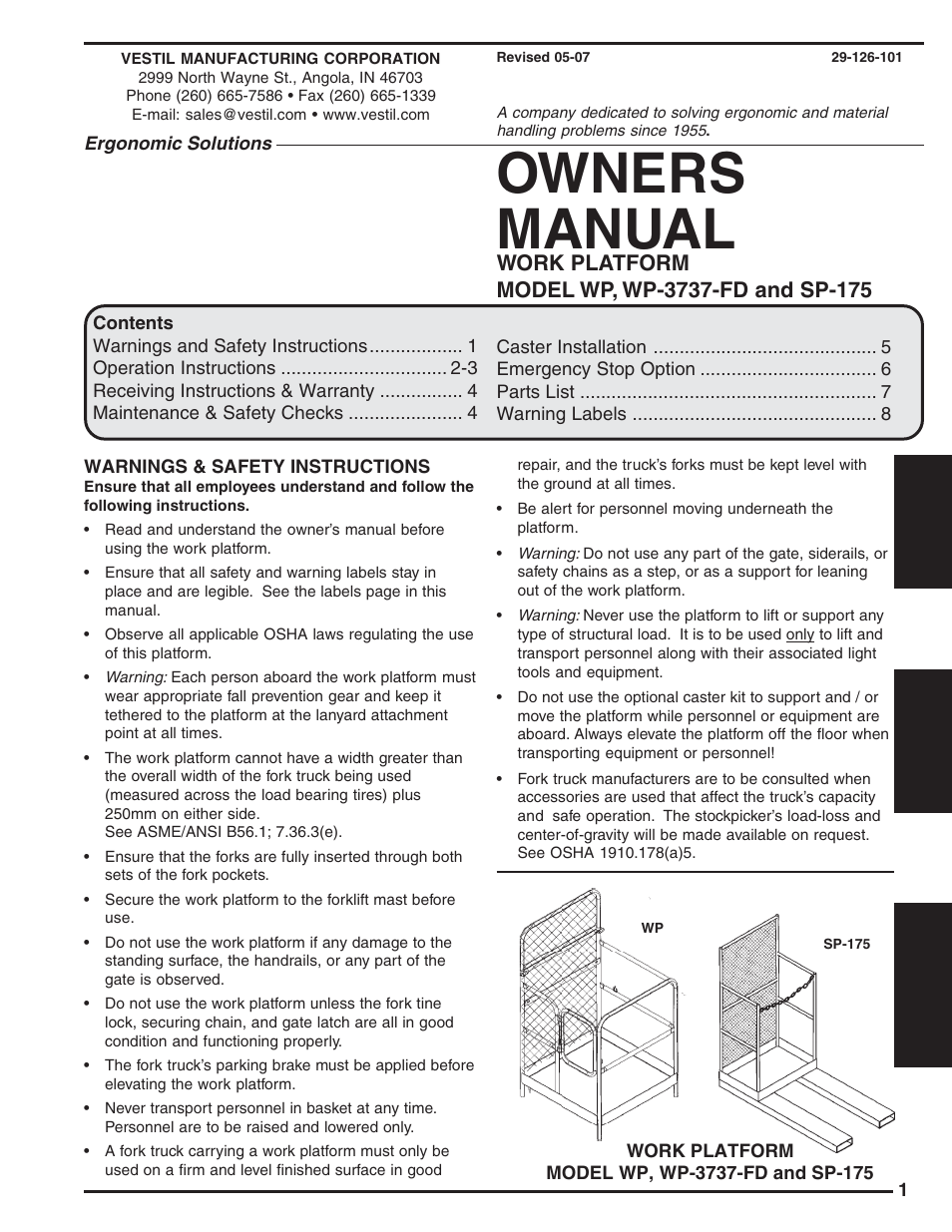 Vestil SP-175 User Manual | 8 pages