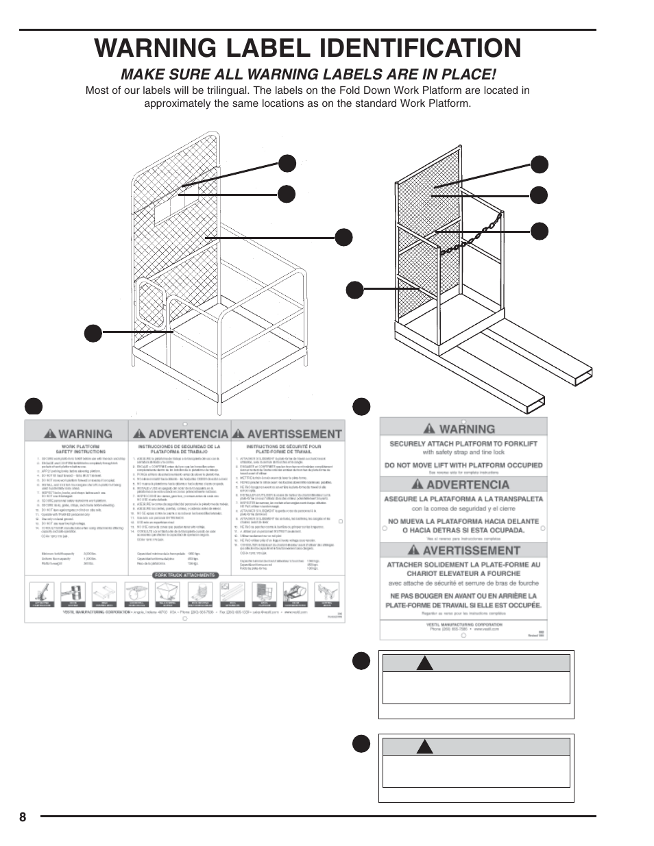 Warning label identification, Make sure all warning labels are in place, Warning | Caution | Vestil SP-175 User Manual | Page 8 / 8