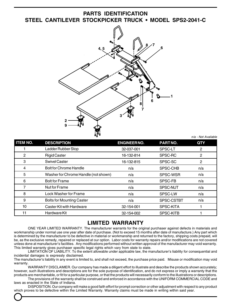 Limited warranty | Vestil SPS2-2041-C User Manual | Page 2 / 8