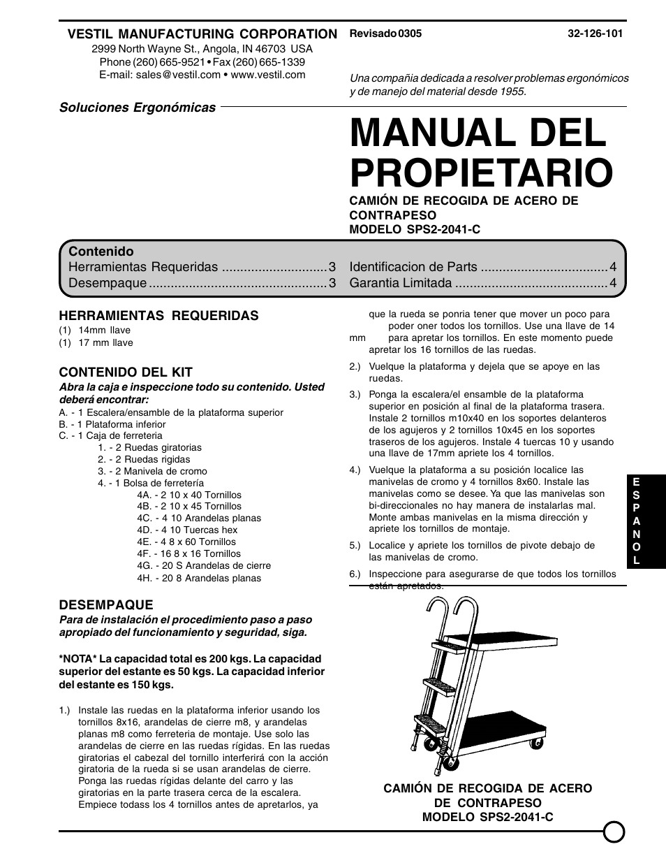 Manual del propietario | Vestil SPS2-2041-C User Manual | Page 3 / 8