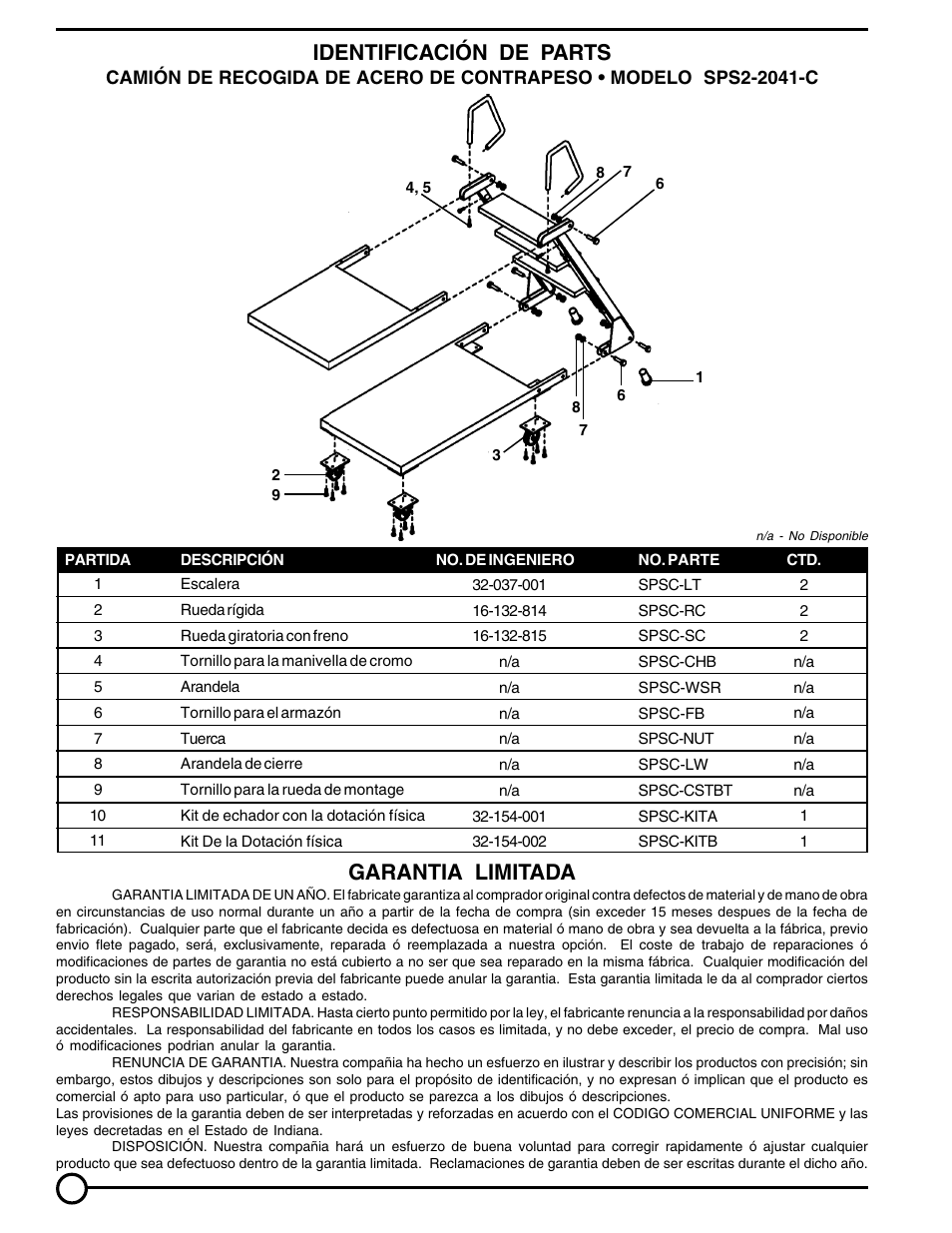 Identificación de parts, Garantia limitada | Vestil SPS2-2041-C User Manual | Page 4 / 8