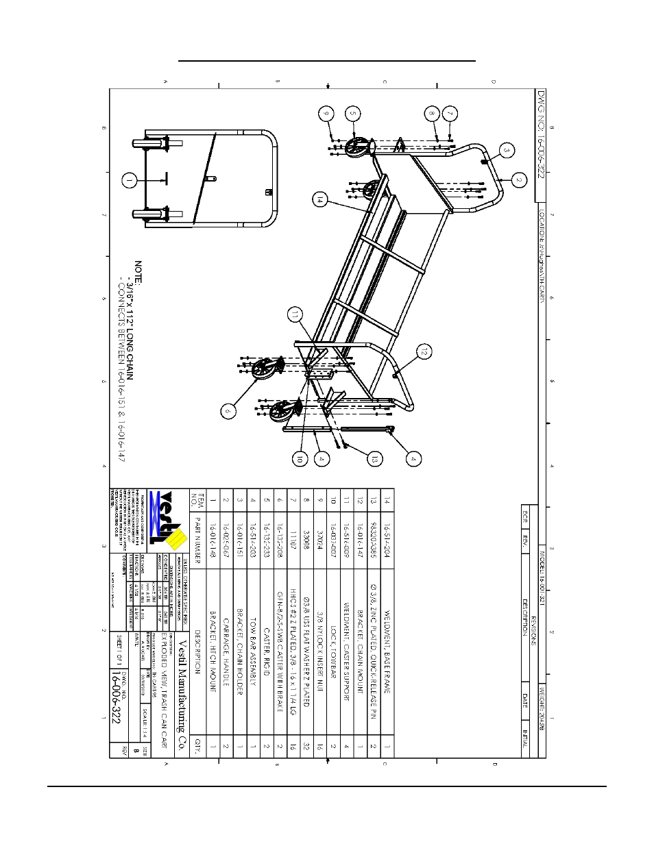 Exploded parts diagram and bill of materials | Vestil TH-CART User Manual | Page 4 / 6