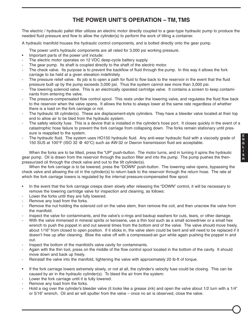 The power unit’s operation – tm, tms | Vestil TM, TMS User Manual | Page 11 / 19