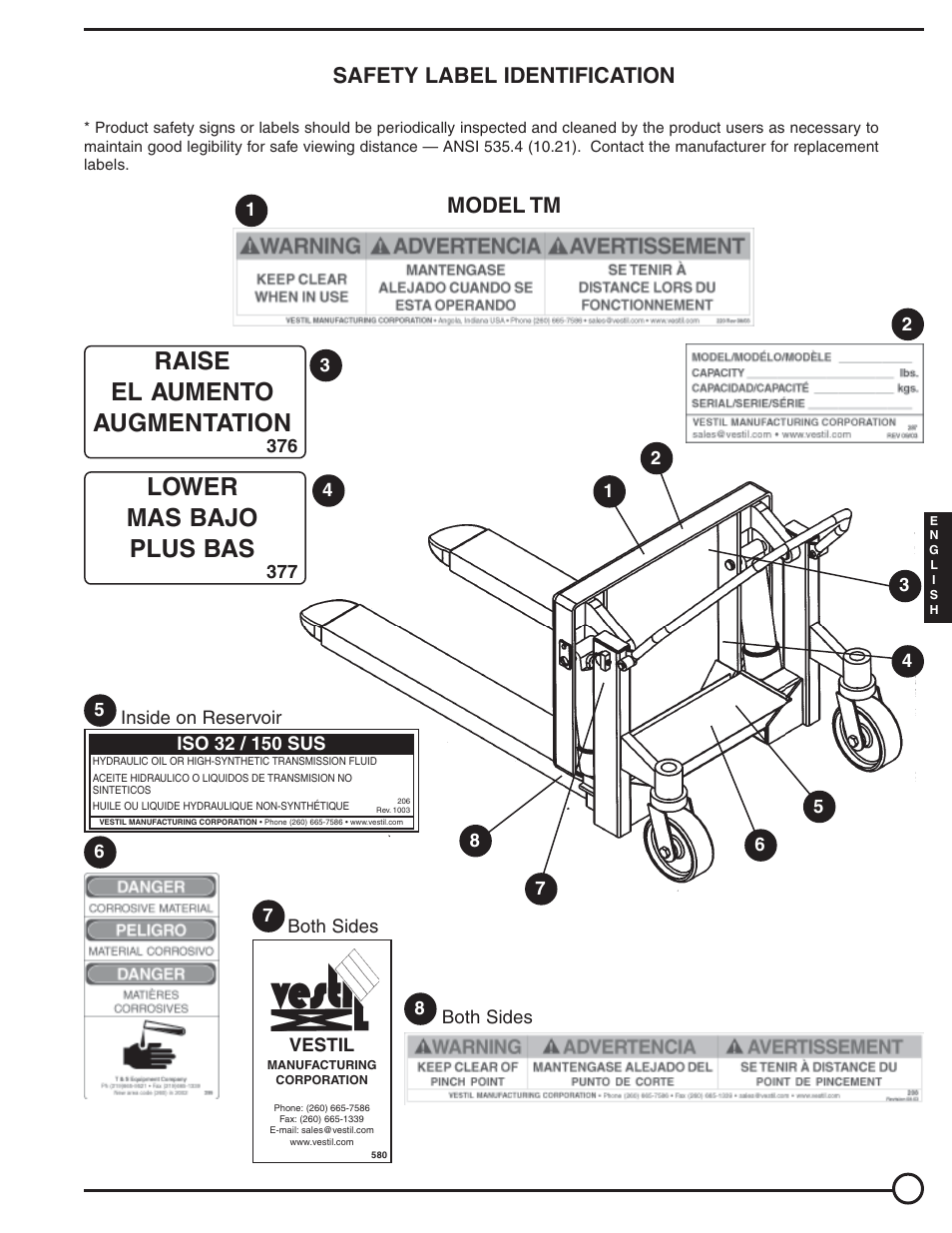 Raise el aumento augmentation, Lower mas bajo plus bas, Safety label identification | Model tm | Vestil TM, TMS User Manual | Page 17 / 19