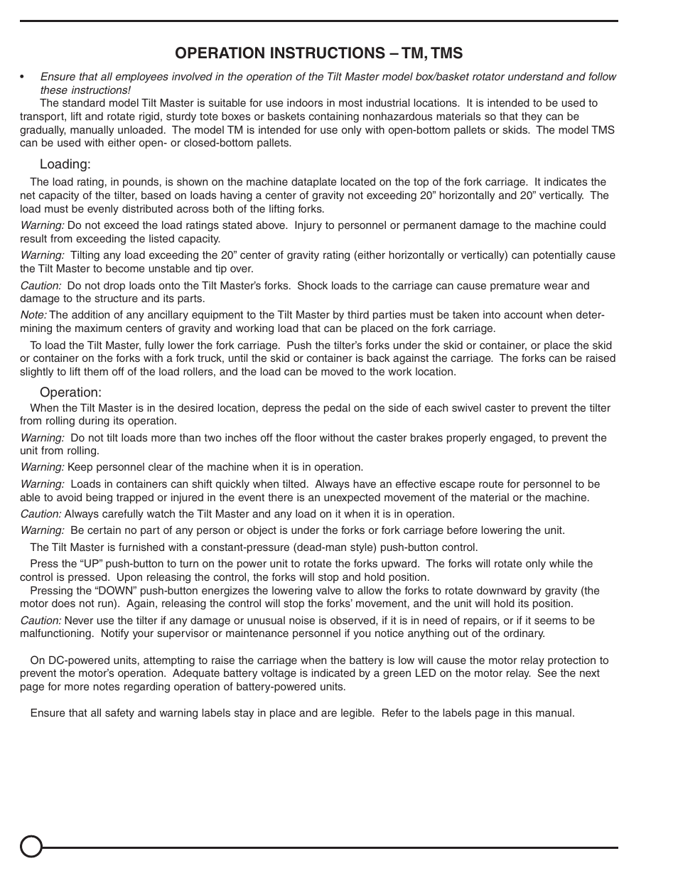 Operation instructions – tm, tms | Vestil TM, TMS User Manual | Page 2 / 19