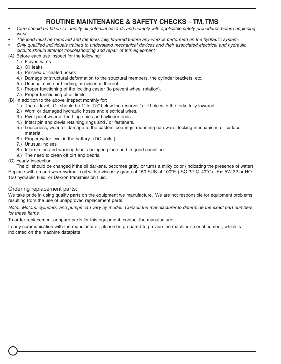 Routine maintenance & safety checks – tm, tms | Vestil TM, TMS User Manual | Page 4 / 19