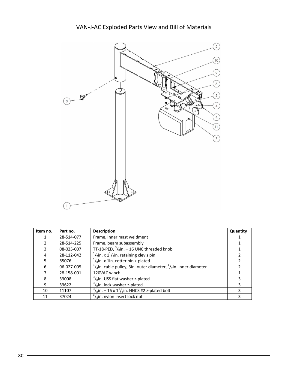 Van‐j‐ac exploded parts view and bill of materials | Vestil VAN-J User Manual | Page 18 / 24