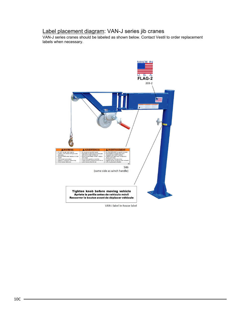 Label placement diagram: van-j series jib cranes | Vestil VAN-J User Manual | Page 23 / 24