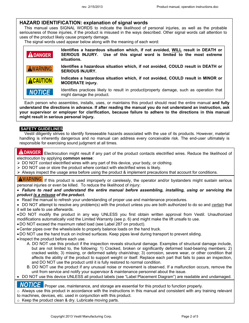 Hazard identification: explanation of signal words | Vestil VGP-100 User Manual | Page 2 / 5