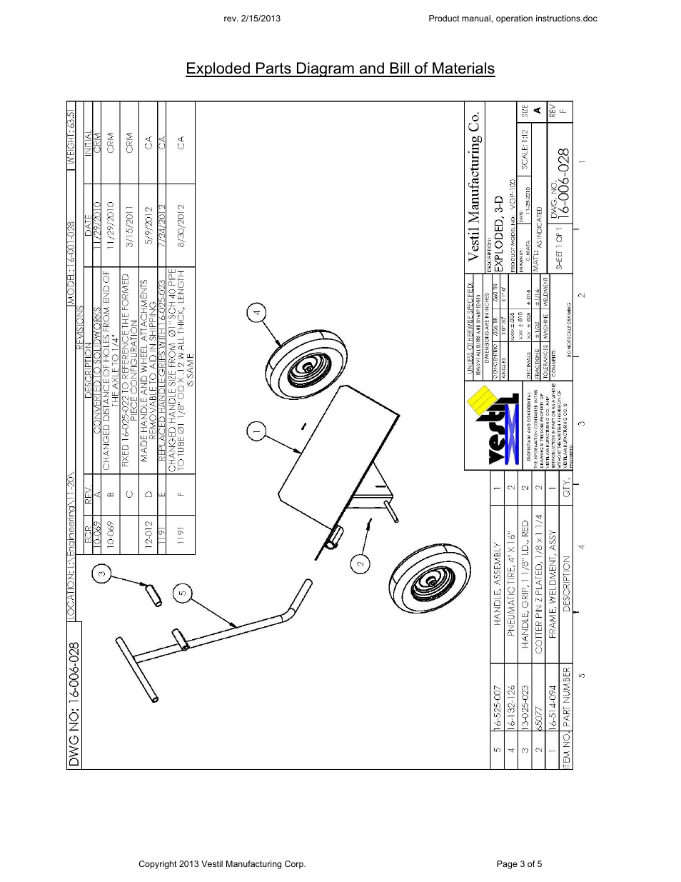 Exploded parts diagram and bill of materials | Vestil VGP-100 User Manual | Page 3 / 5