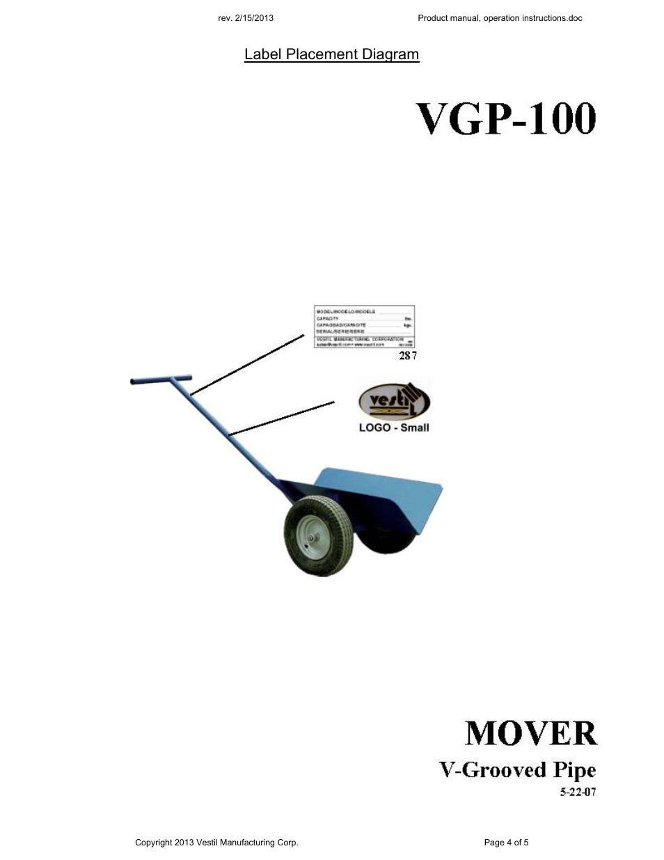 Label placement diagram | Vestil VGP-100 User Manual | Page 4 / 5