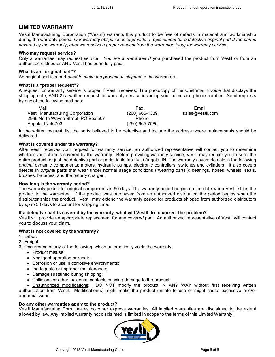 Limited warranty | Vestil VGP-100 User Manual | Page 5 / 5