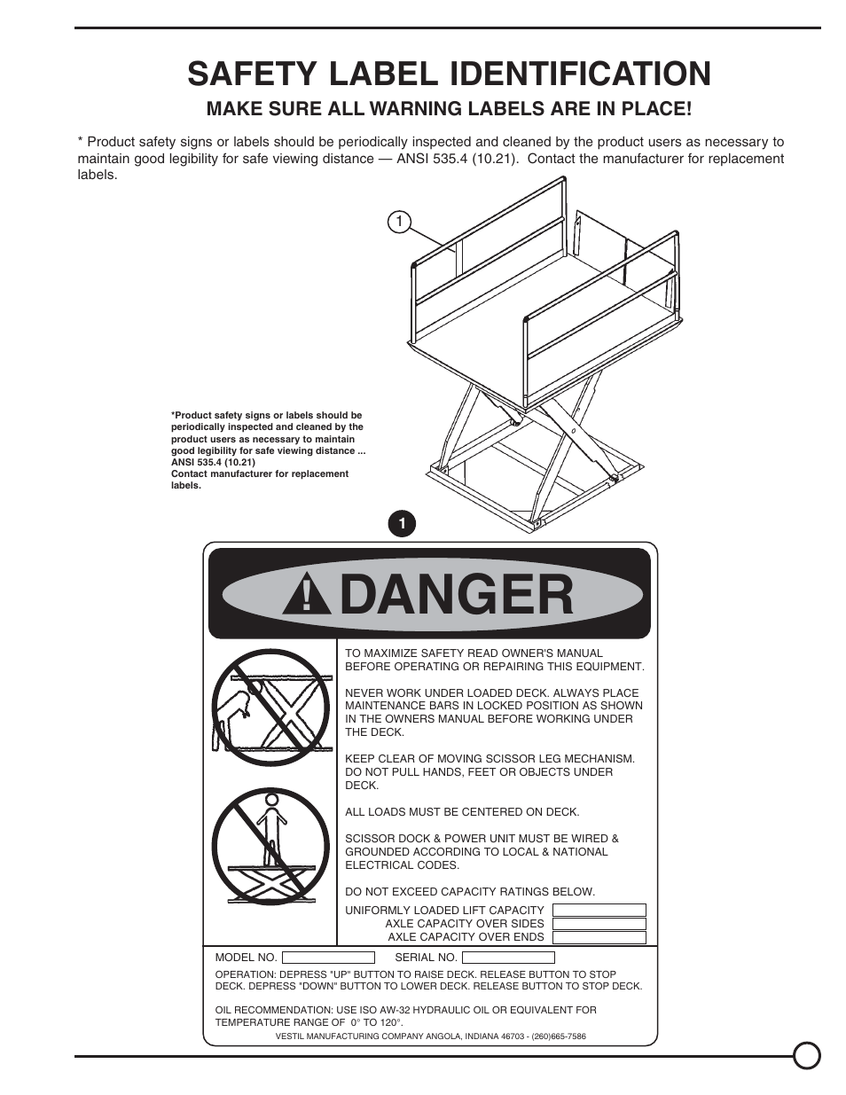 Danger, Safety label identification, Make sure all warning labels are in place | Vestil WL-100 series User Manual | Page 15 / 16