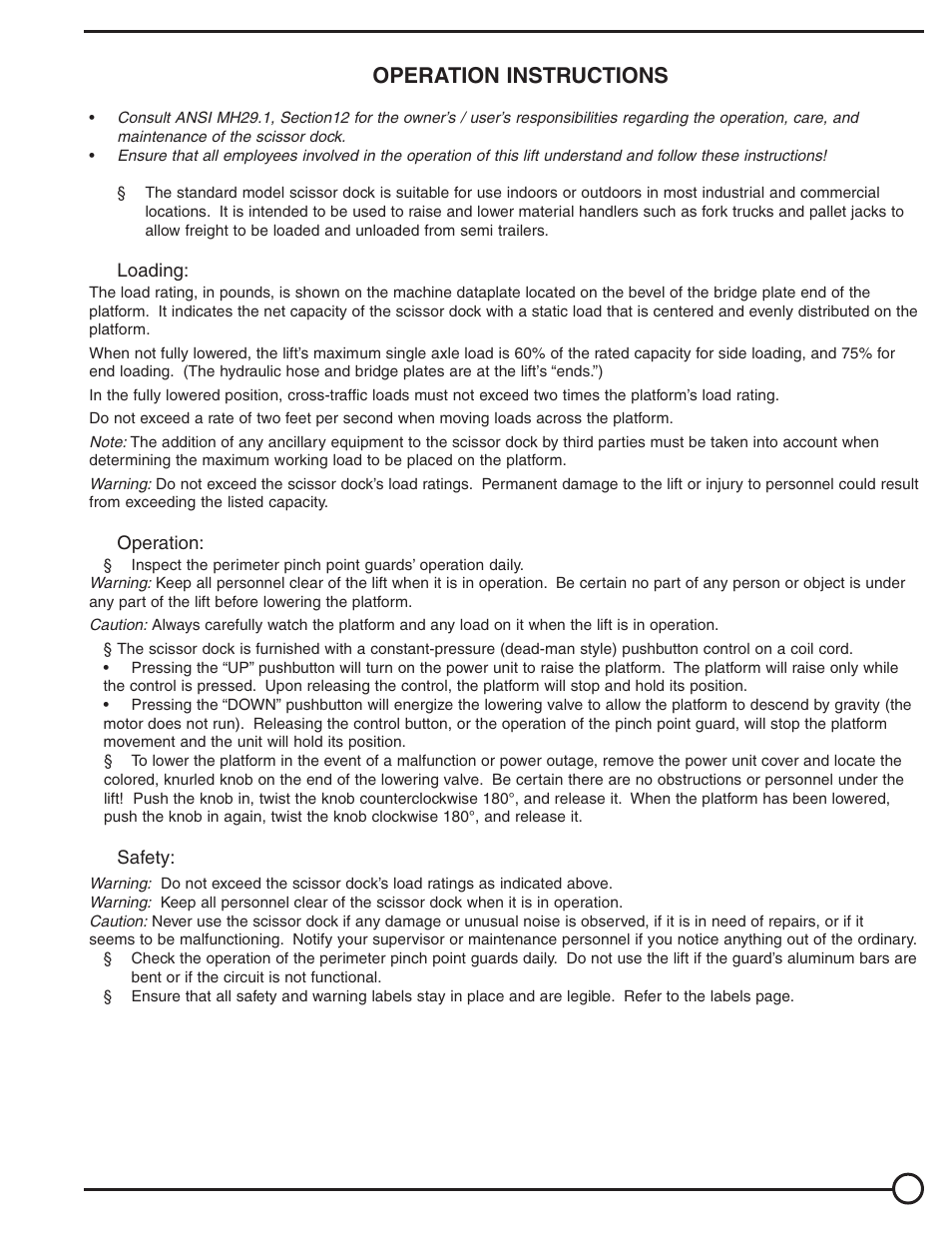 Operation instructions | Vestil WL-100 series User Manual | Page 5 / 16