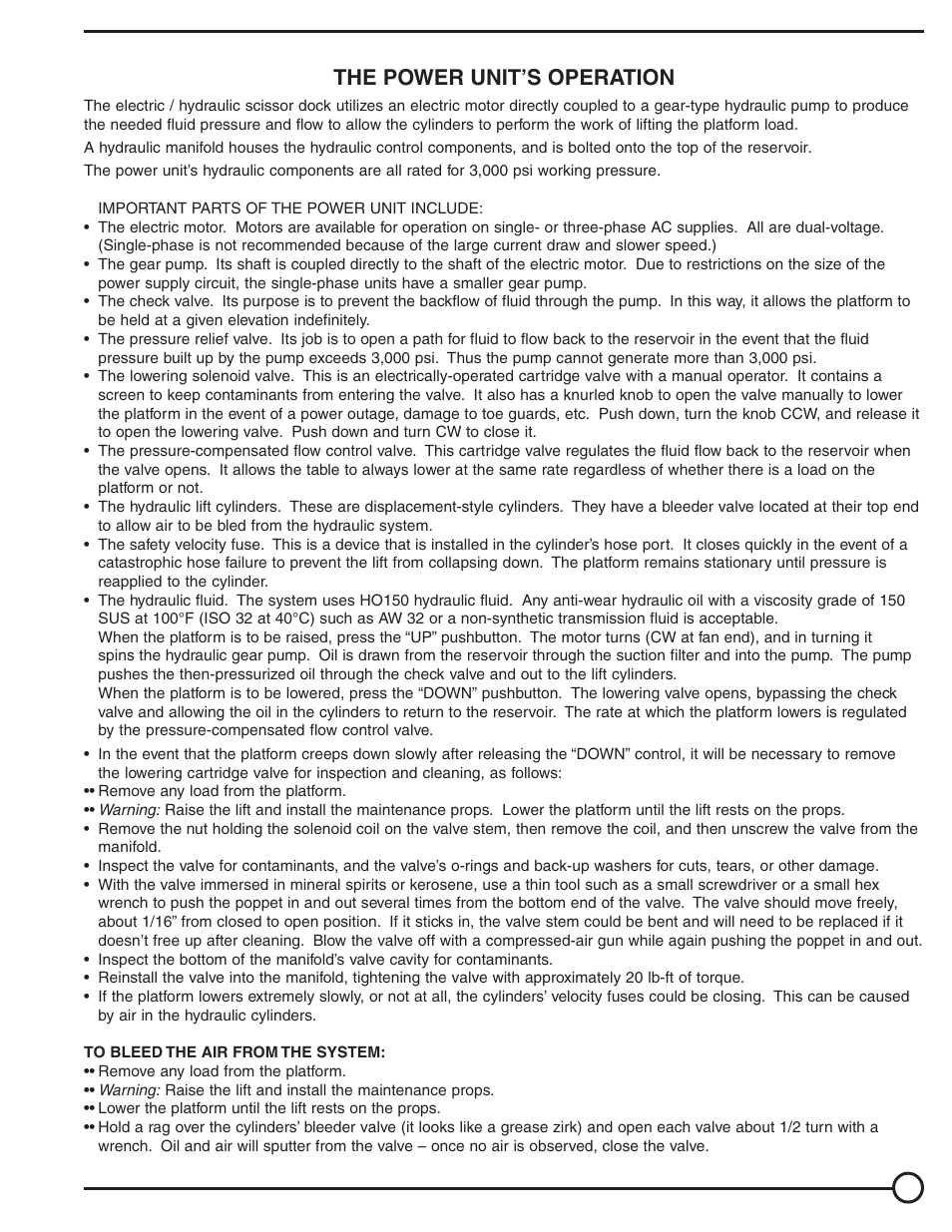 The power unit’s operation | Vestil WL-100 series User Manual | Page 7 / 16