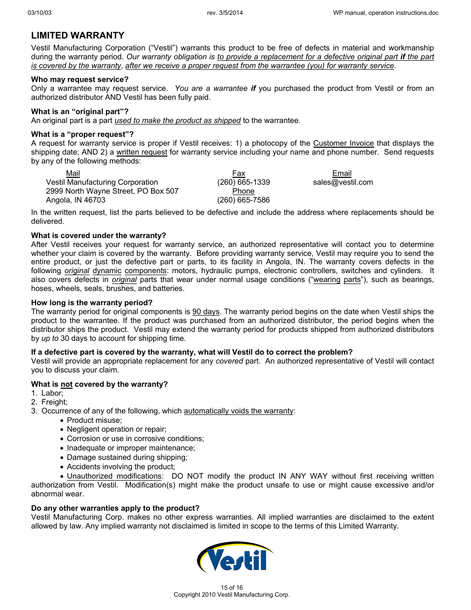 Limited warranty | Vestil WP User Manual | Page 15 / 16
