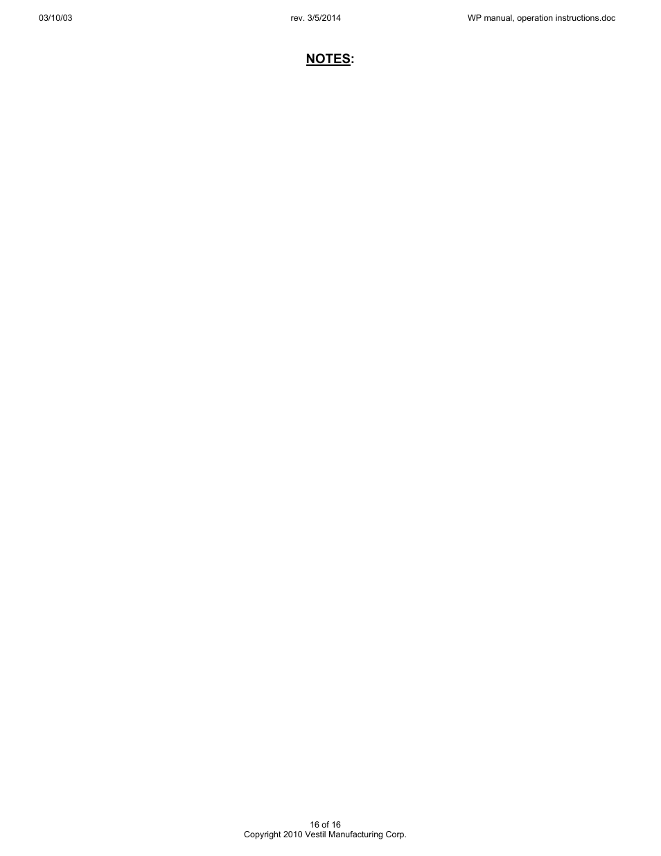 Vestil WP User Manual | Page 16 / 16