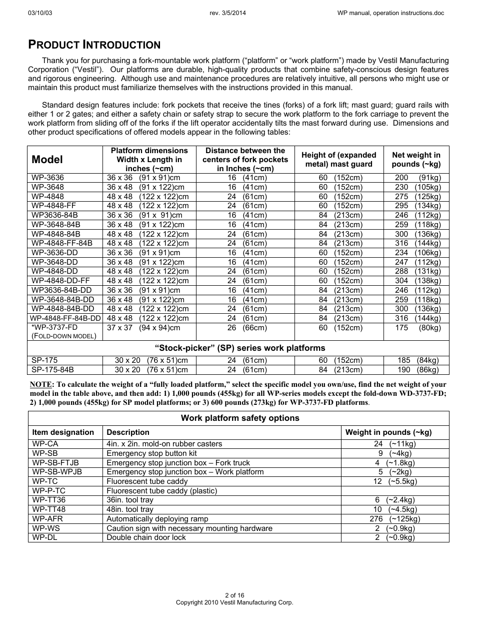 Model, Roduct, Ntroduction | Vestil WP User Manual | Page 2 / 16