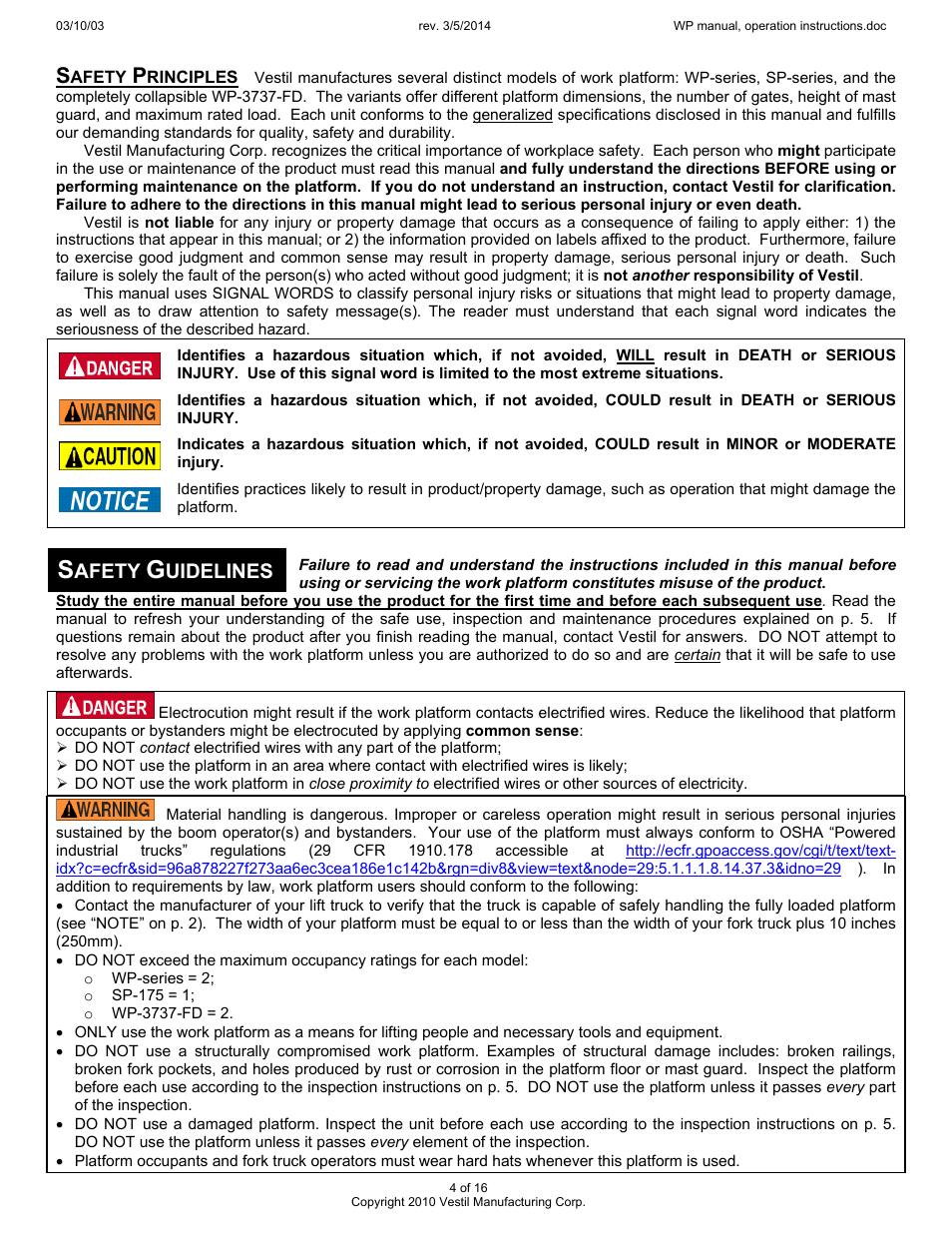 Afety, Uidelines | Vestil WP User Manual | Page 4 / 16