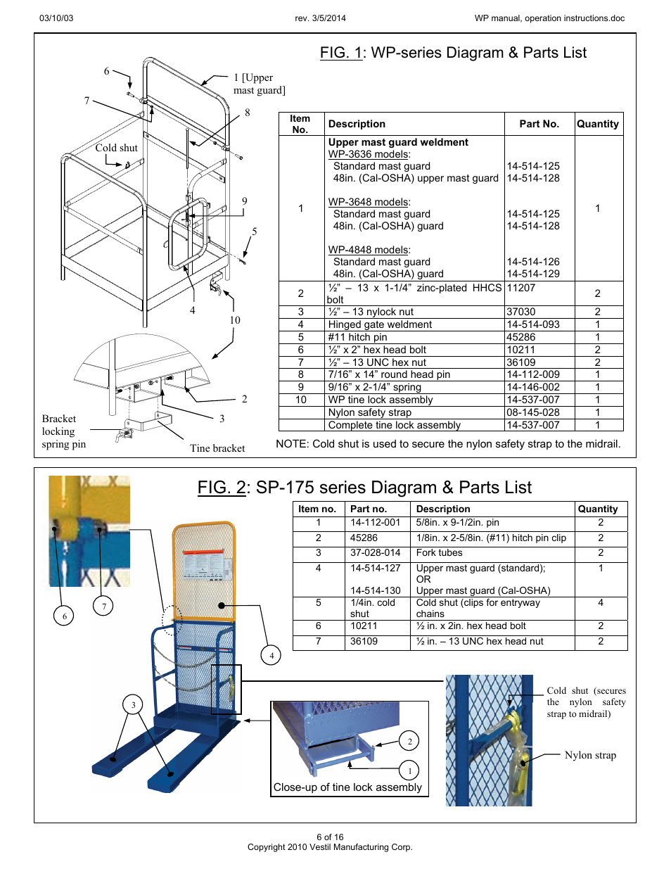 Fig. 2: sp-175 series diagram & parts list, Fig. 1: wp-series diagram & parts list | Vestil WP User Manual | Page 6 / 16